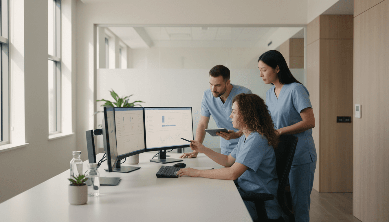 Healthcare professionals reviewing patient data on multiple monitors in a modern fertility clinic